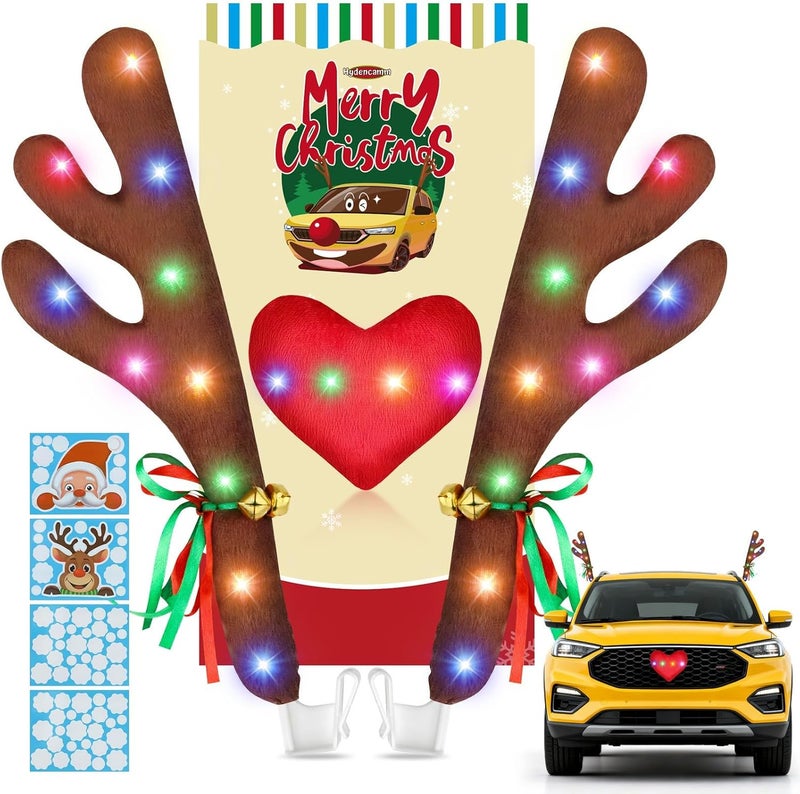 Hydencamm Rudolph Car Decoration with LED Lights, Car Antlers for Christmas with Window Sticker, Jingle Bells, Rudolph Nose - Car Reindeer Auto Holiday Accessories Decoration Kit for SUV Van Truck - Image 1